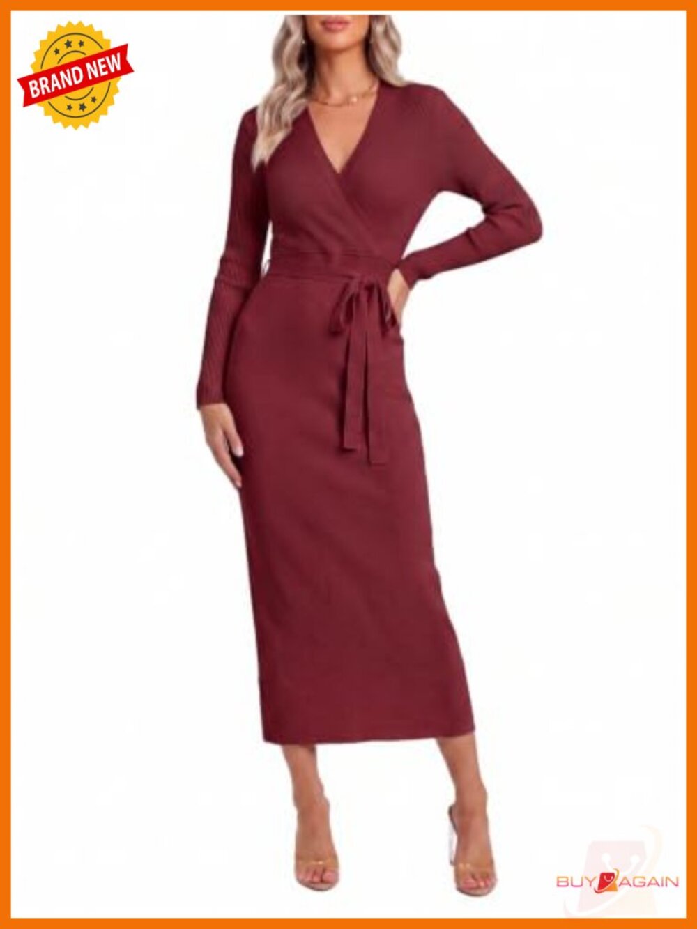 Wenrine Womens Sweater Dress Long Sleeve Wrap V Neck Sexy Midi Dresses